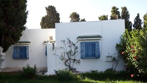 A white building with blue window shutters and a small garden area with grass and a tree.
