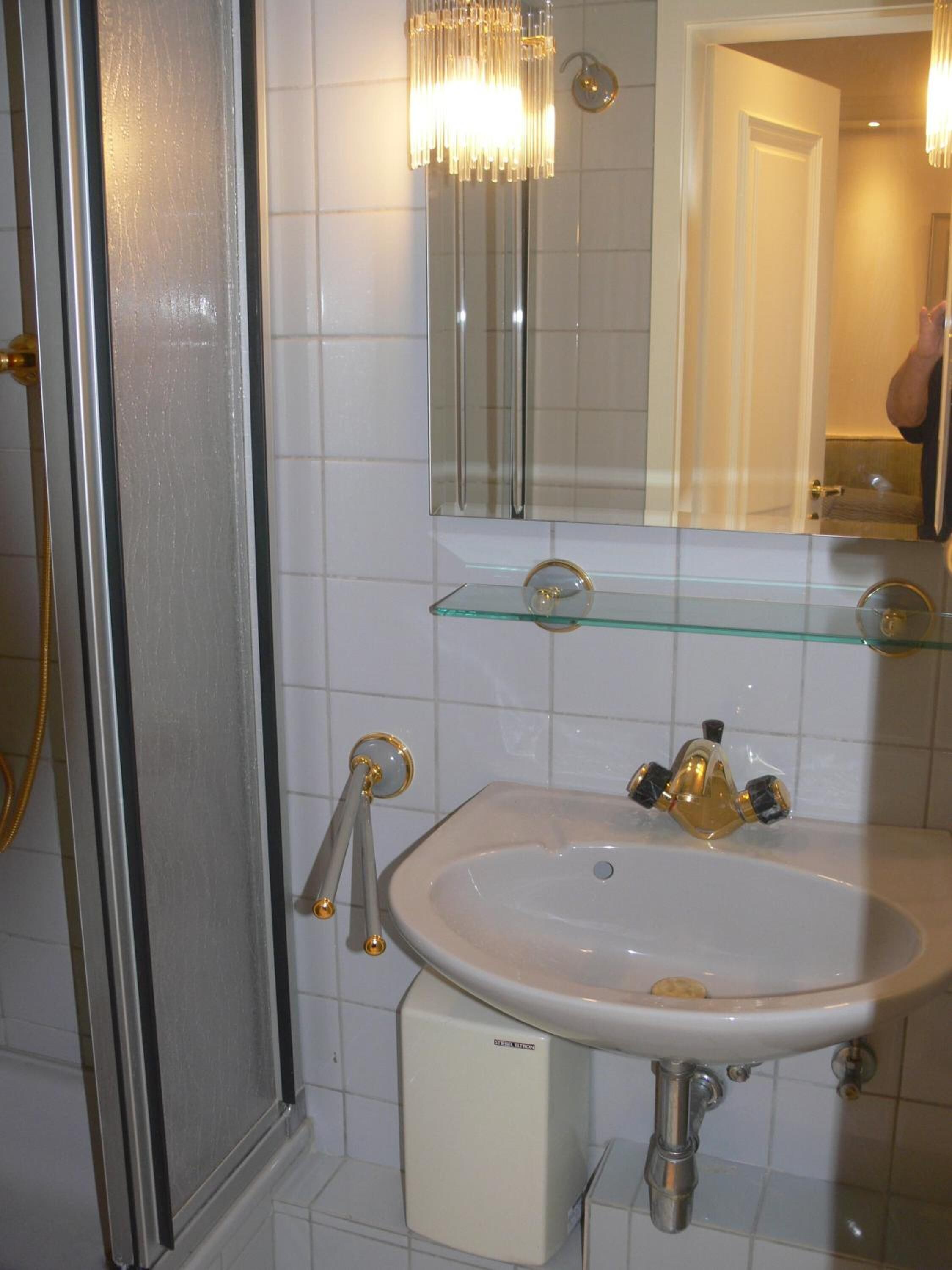 Ein Badezimmer mit einem weißen Waschbecken, einem Glasregal darüber, einer Dusche mit Glastür und einem Spiegel mit goldener Rahmung.