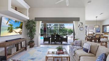 Smart TV, books, music library, stereo