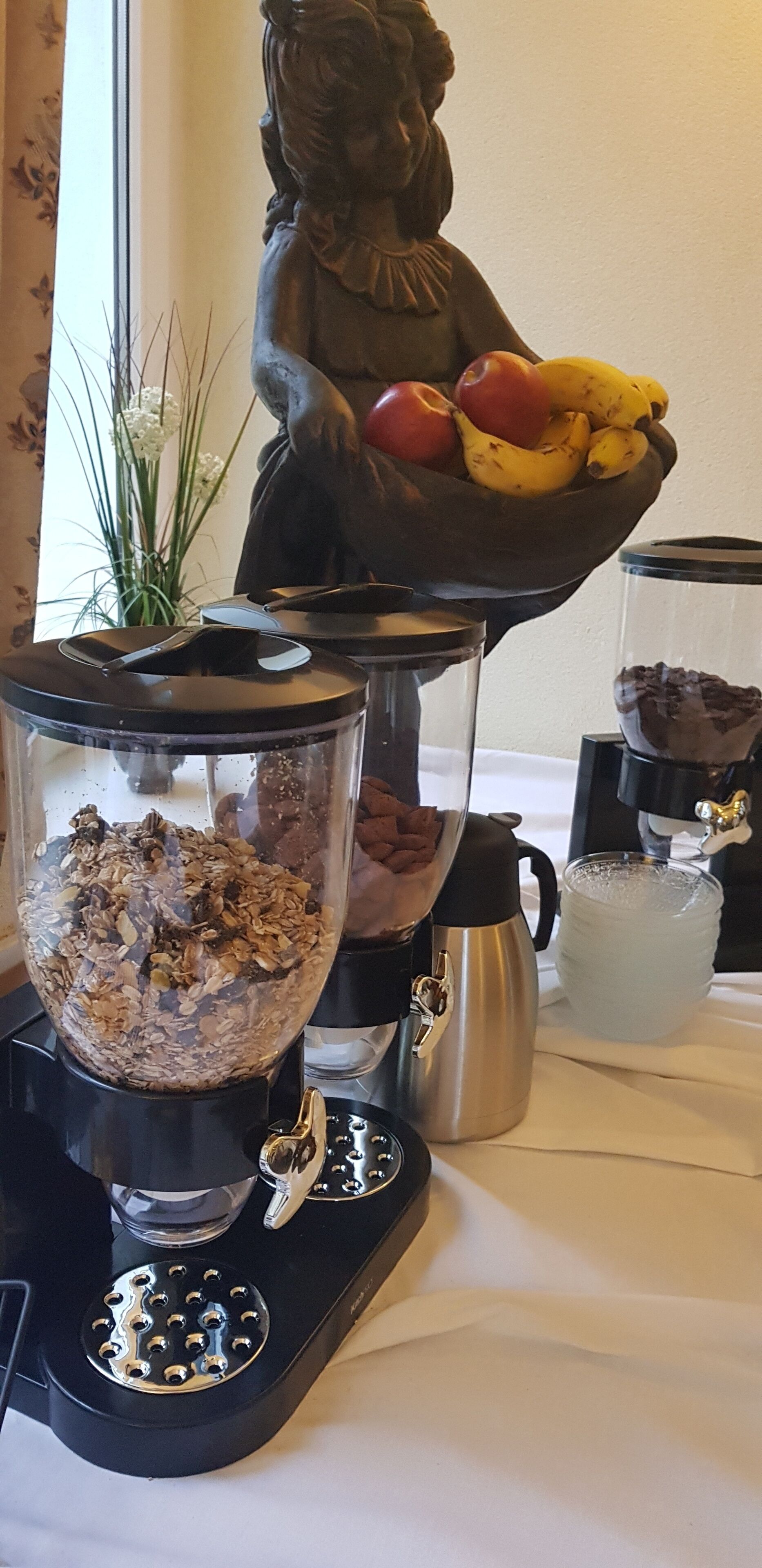 Una máquina de café con un recipiente de vidrio lleno de granola, una jarra de metal y un tazón de fruta.
