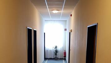 A hotel hallway with a patterned carpet, doors on both sides, a plant in the center, and a bright window at the end.