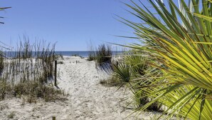 Un sentier de plage sablonneux, avec une végétation clairsemée et une vue dégagée sur l’océan.