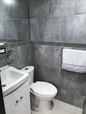 Ducha, toallas, jabón y champú