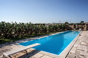 Outdoor pool, pool umbrellas, pool loungers