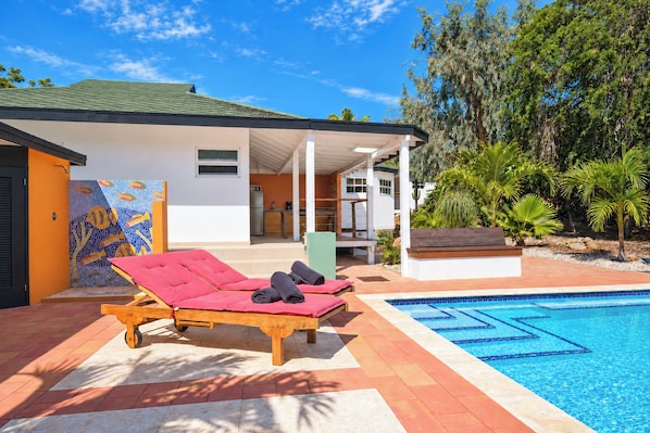 A poolside area with a lounge chair and a small pool. - Unique experience in the nature of Aruba #1 (Paradera)