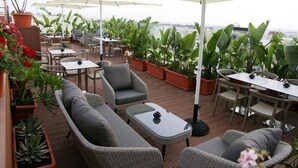 An outdoor patio area with wicker furniture, potted plants, and umbrellas providing shade. - Nour Plazza Fes (Fes)