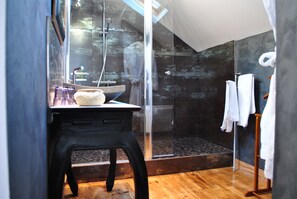 Combined shower/tub, hair dryer, towels