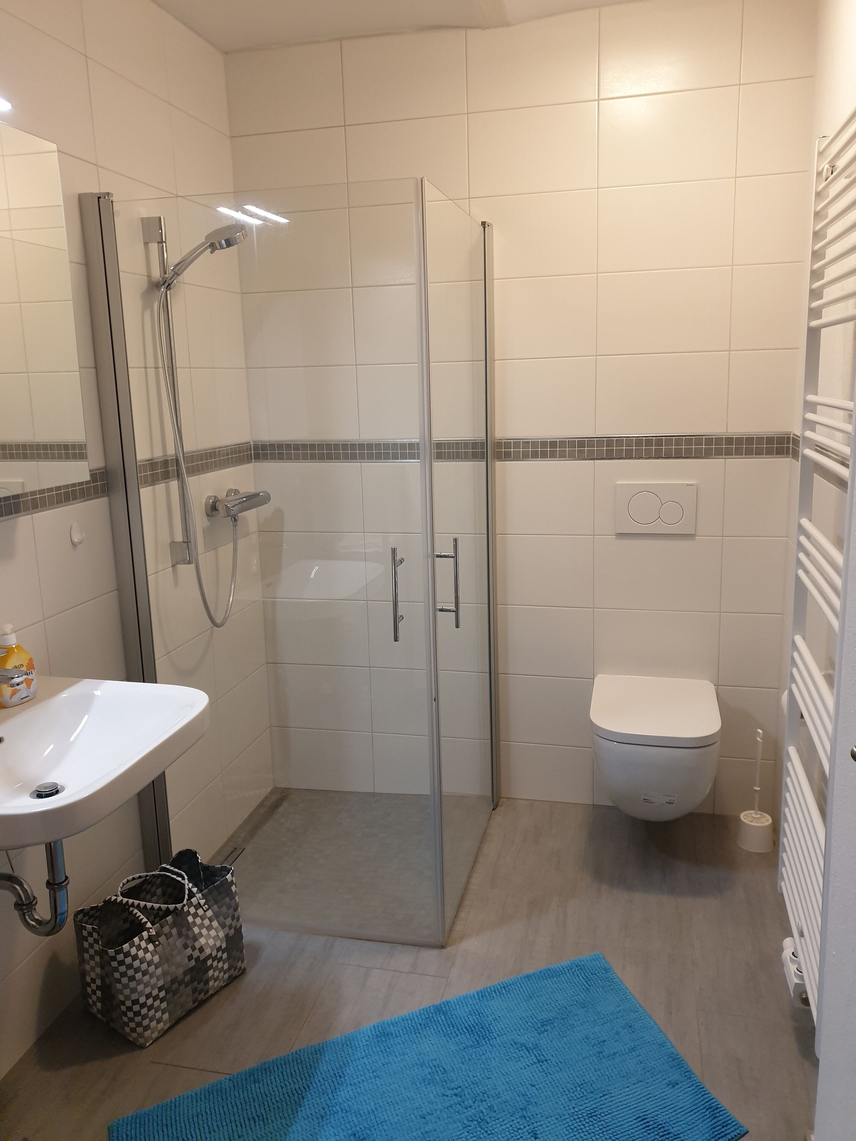 A bathroom with a glass shower enclosure, a white sink, a toilet, and a blue rug on the floor.