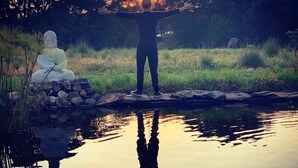 A person standing with arms raised in front of a Buddha statue by a calm pond. - Casa Maria Campiña (Jilotepec)