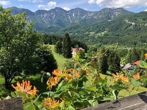 A mountainous landscape with a village and a wooden fence in the foreground. - Beautiful wooden log house with a first-class view of the mountains! (Bad Goisern am Hallstättersee)