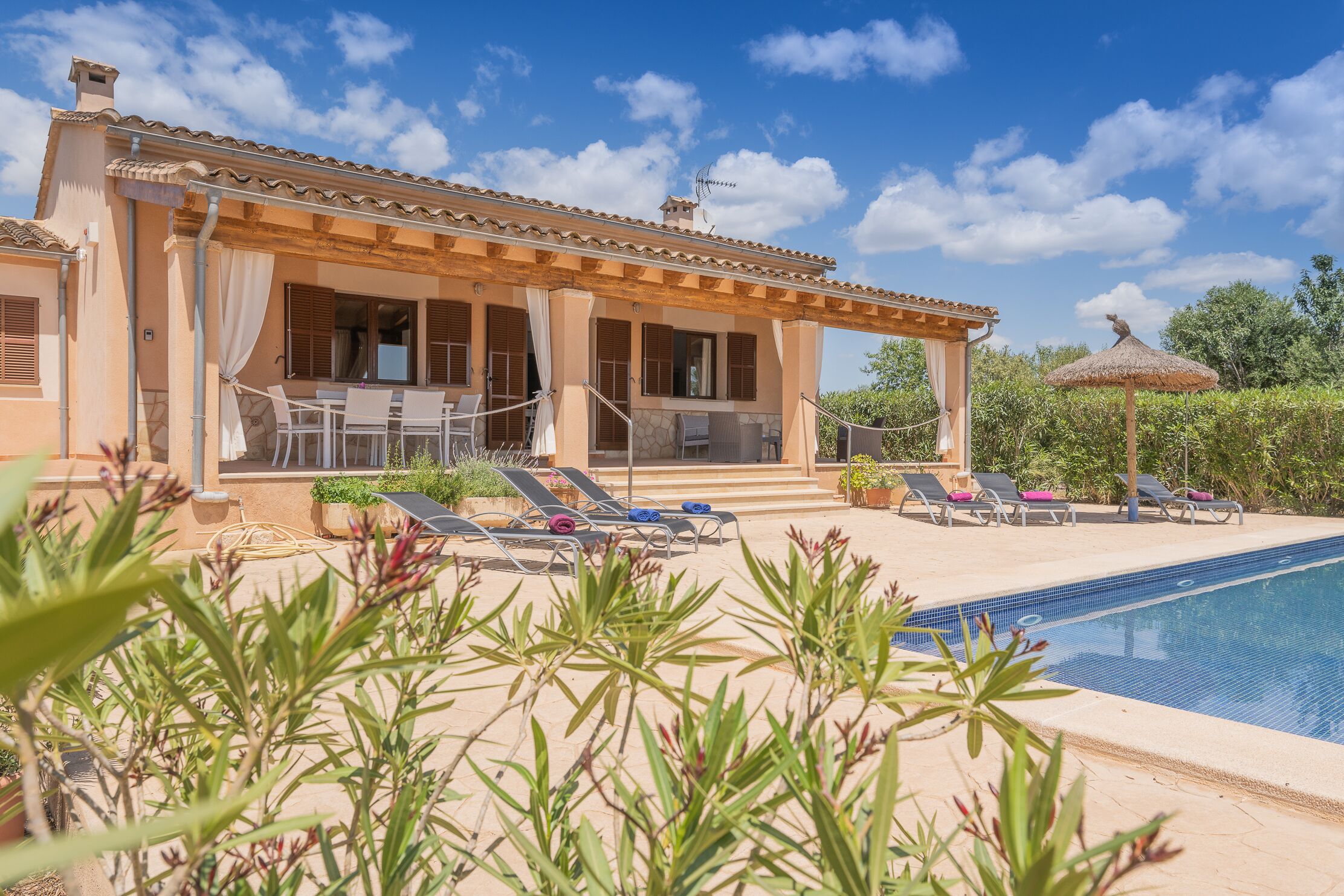 Piscine extérieure, chaises longues