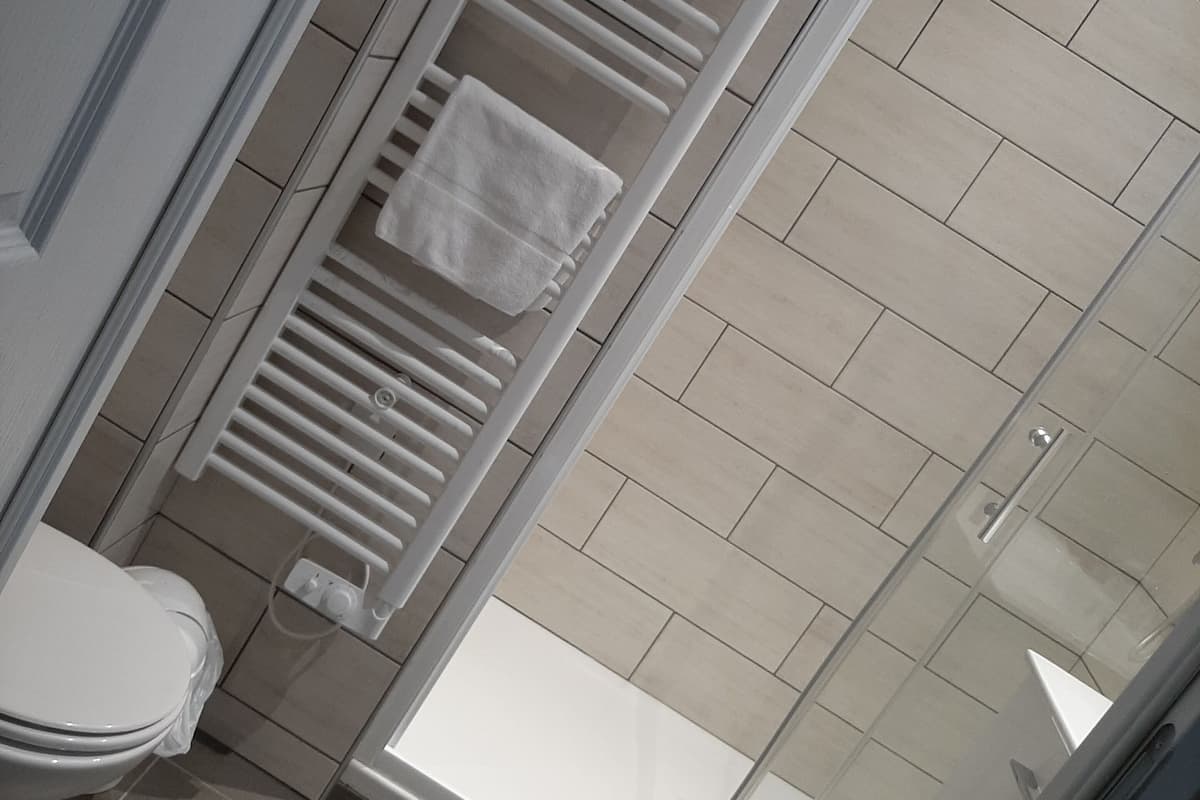 Hair dryer, towels, soap, shampoo