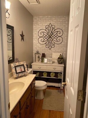 Combined shower/bathtub, hair dryer, towels, toilet paper