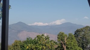 A mountain landscape with snow-capped peaks and dense forest in the foreground.