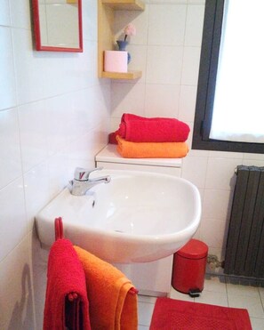 Shower, hair dryer, bidet, towels