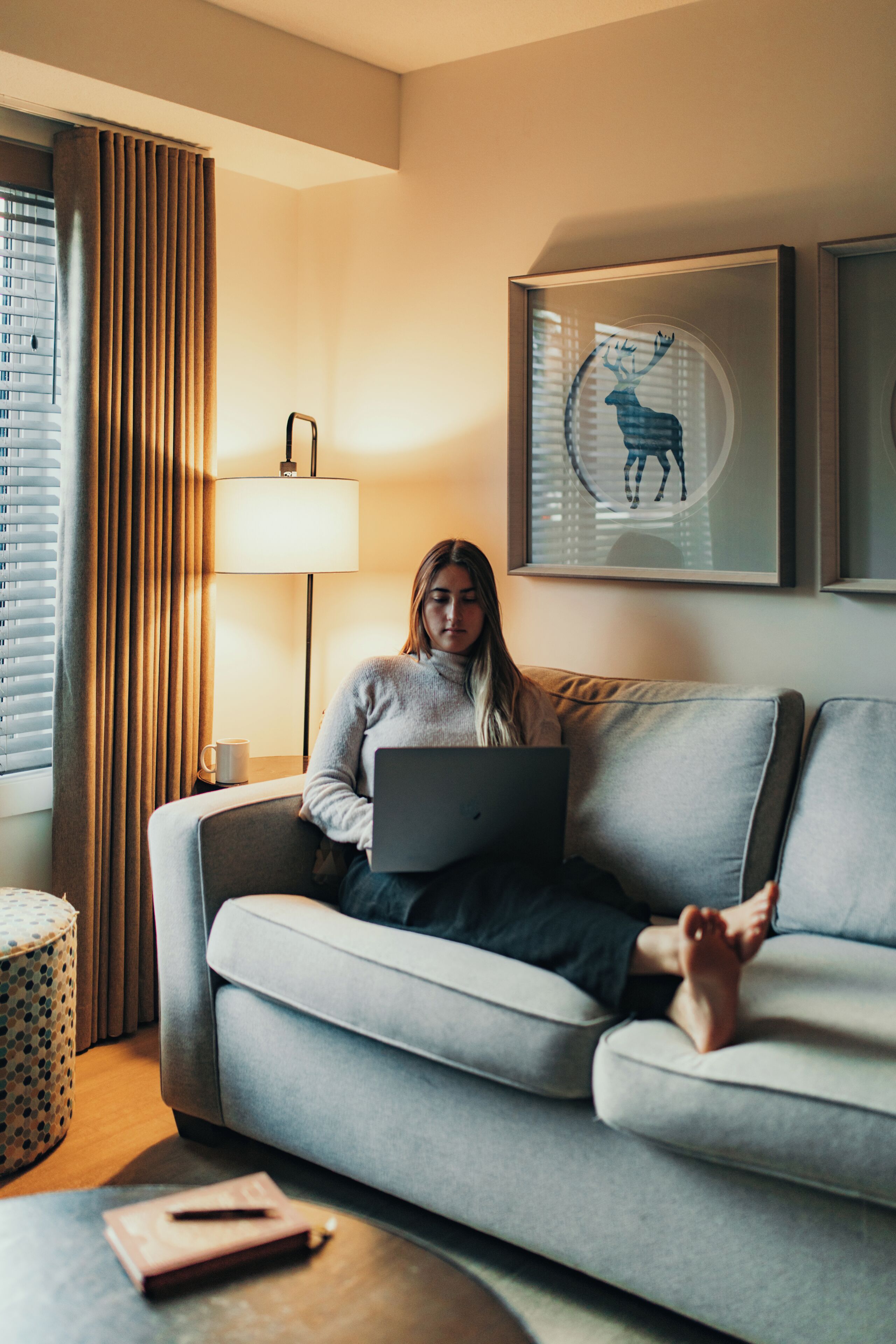 A person sitting on a sofa with a laptop, a lamp, and a framed artwork on the wall.