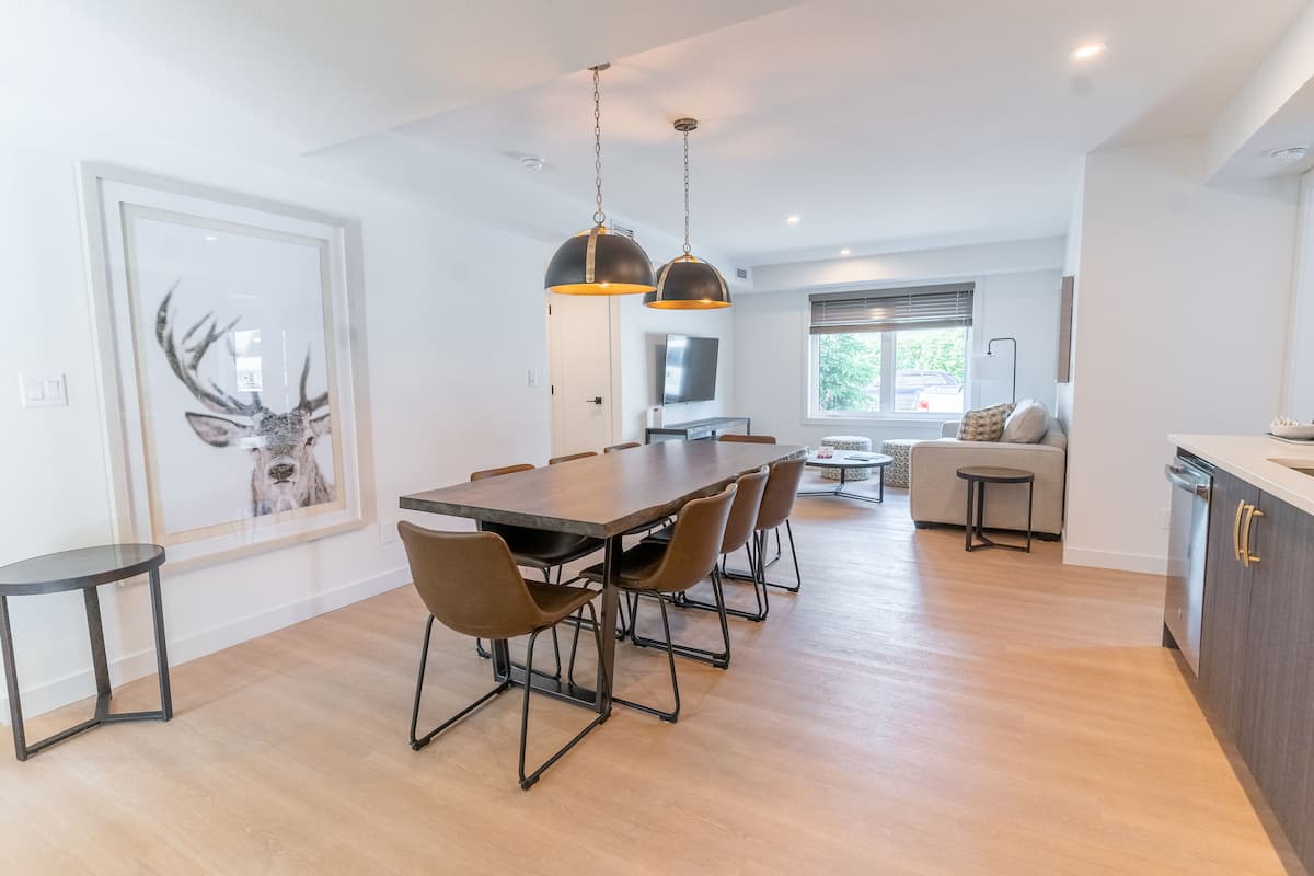 Full-size fridge, oven, stovetop, dishwasher