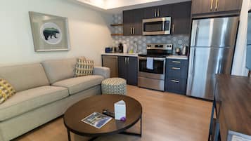Full-sized fridge, oven, stovetop, dishwasher