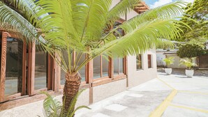 A building with large windows and a palm tree in the foreground. - Pousada Porto Da Barra (Porto Seguro)