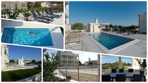 Un espace piscine doté de chaises longues et d’une piscine à l’eau d’un bleu cristallin.