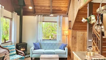 Una Smart TV, una chimenea, libros, una impresora