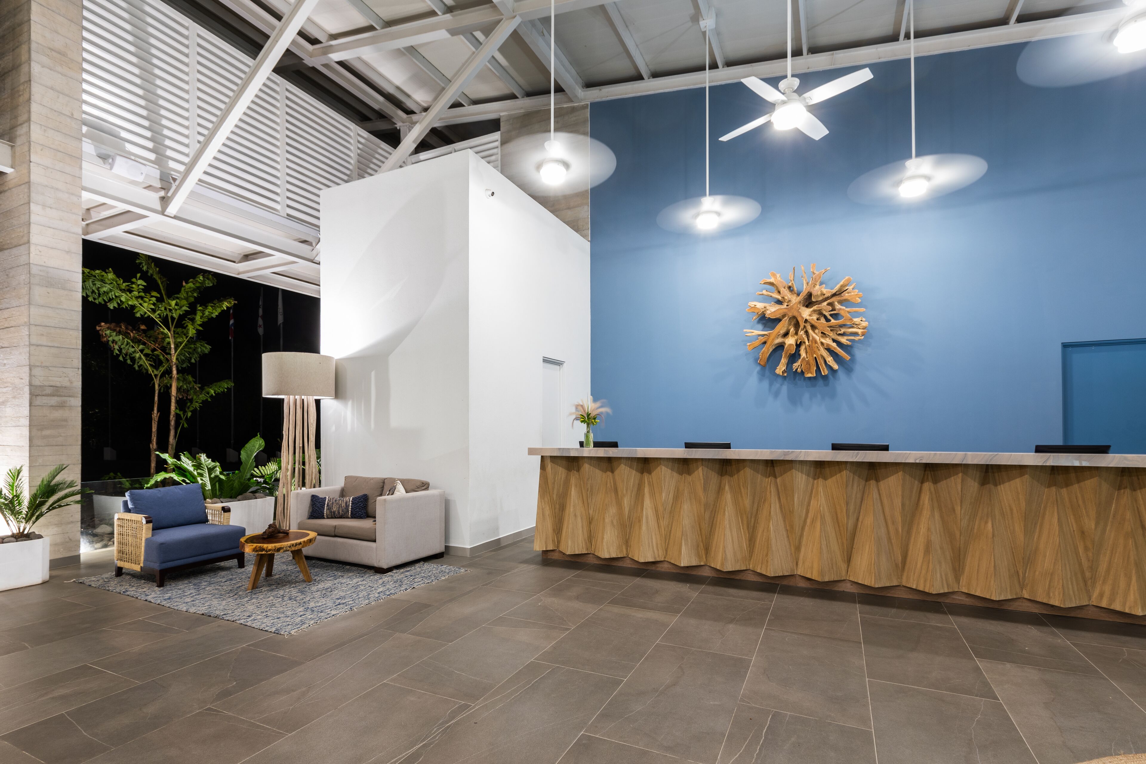 Zona de recepción con pared azul, un mostrador de madera, un sofá blanco, un sillón azul y una lámpara de pie.