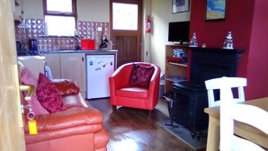 Un espacio habitable compacto con kitchenette, un sillón rojo, un sofá pequeño y una chimenea.