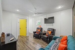 Smart TV, fireplace, video games, foosball