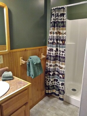 Ensemble douche/baignoire, sèche-cheveux, serviettes fournies