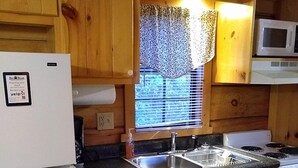 Une cuisine de taille réduite, dotée d’armoires en bois, d’un évier en acier inoxydable, d’un four à micro-ondes et d’un réfrigérateur.