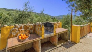 Un barbecue extérieur avec un mur en pierre, un panier rempli d’oranges et une vue sur des collines.