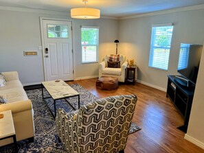 Smart TV, fireplace, DVD player, books