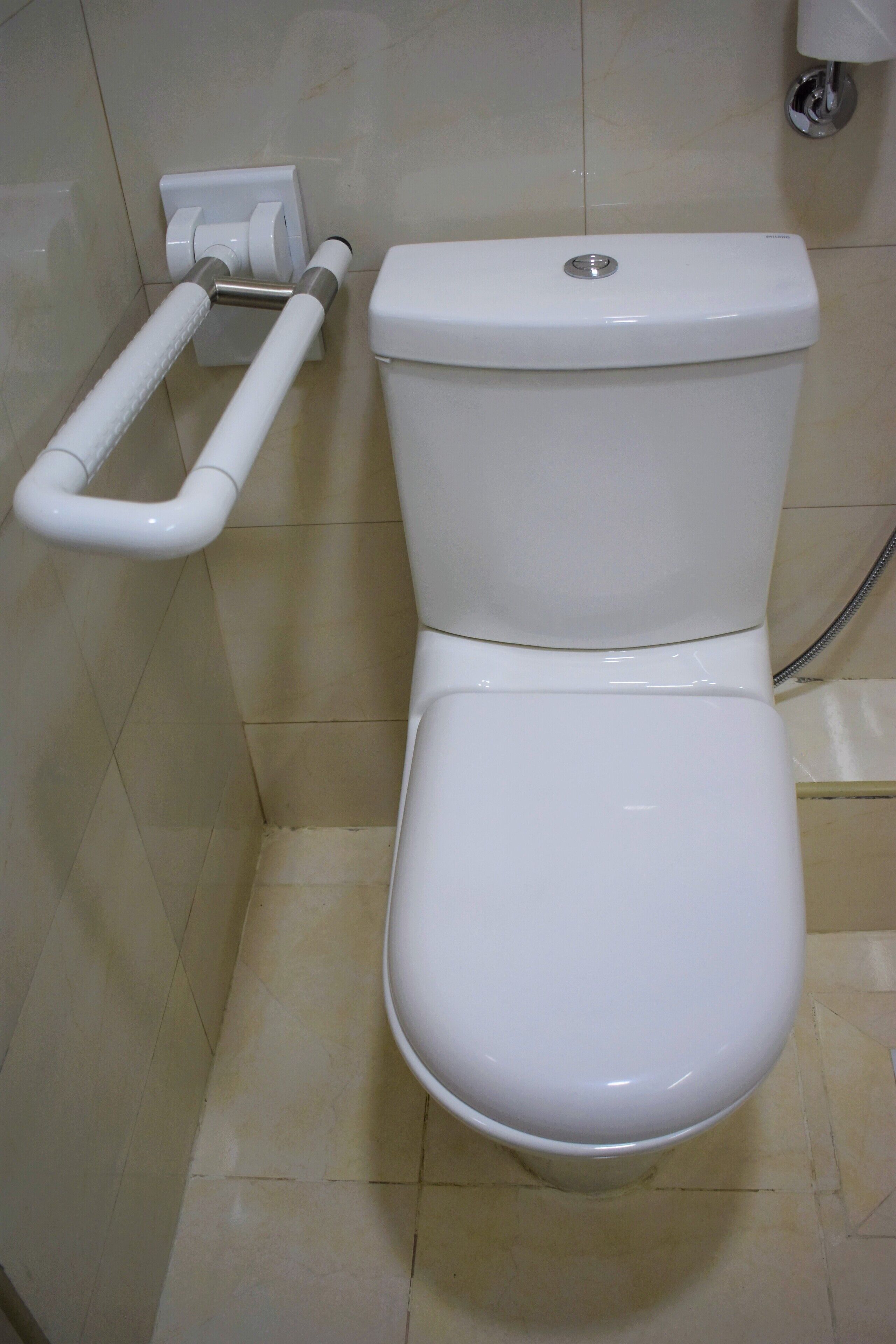 A toilet with a white tank and seat, a roll of toilet paper on a holder, and a metal pipe on the wall.