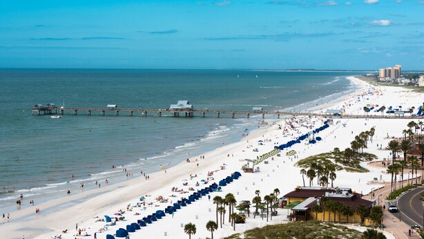 A beach with a pier extending into the ocean, a sandy beach lined with palm trees, and a row of beach umbrellas.