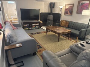 Smart TV, chimenea y libros 