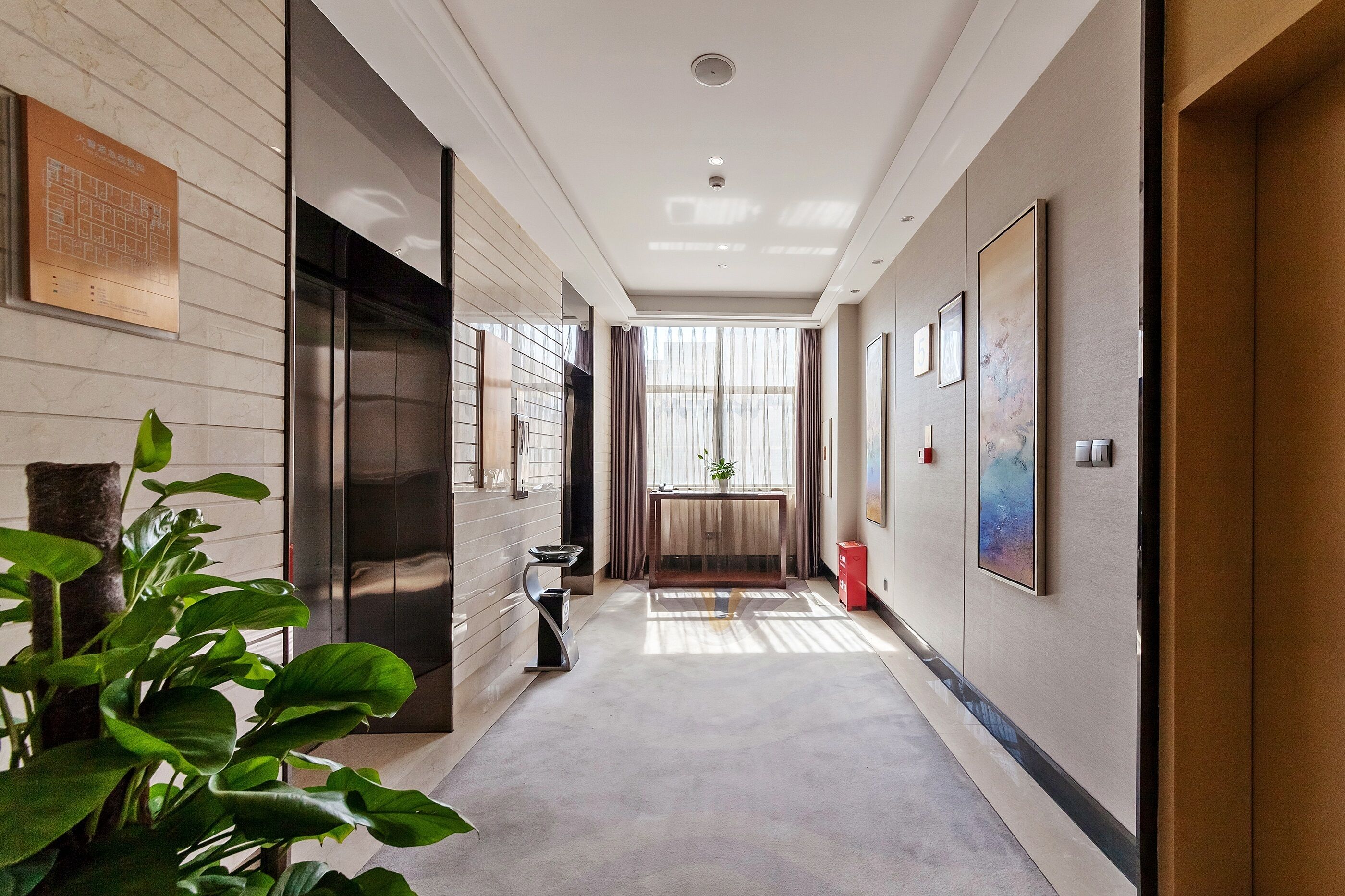 A modern hallway with a marble wall, an elevator, a plant, and a window with curtains.