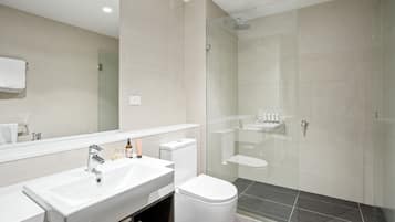 Shower, free toiletries, hair dryer, towels