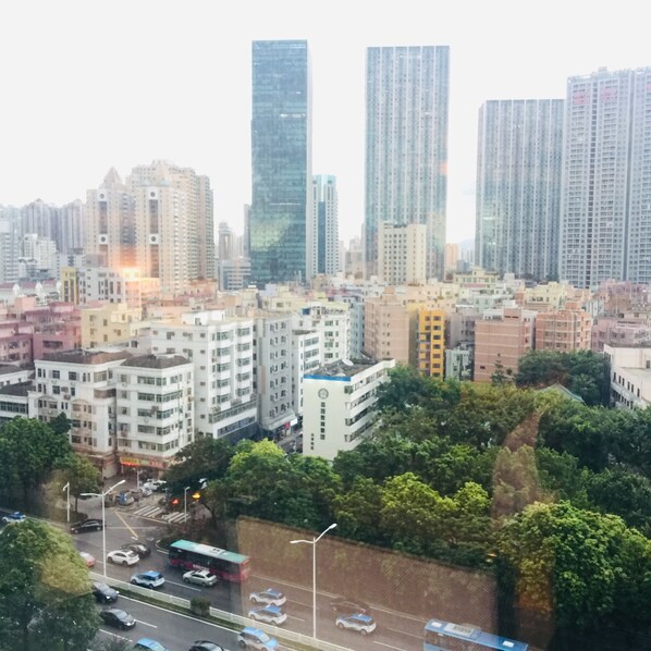 A cityscape with high-rise buildings, a mix of residential and commercial structures, and a road with vehicles.