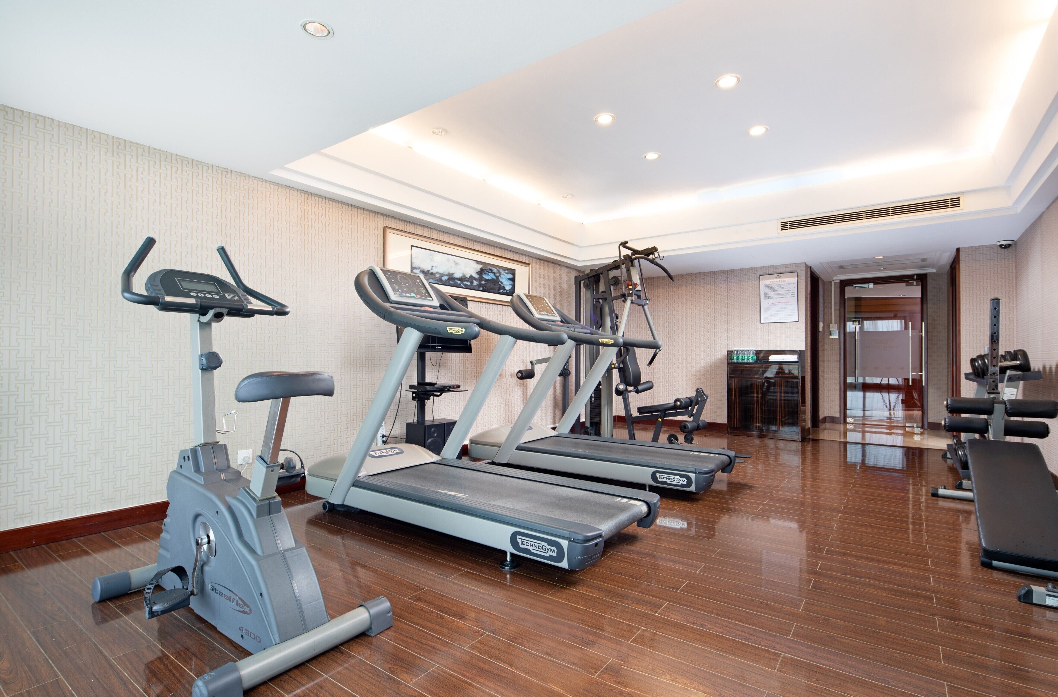 Un gimnasio con cintas de correr, elípticas y máquinas de pesas.