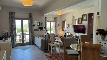 Smart TV, fireplace, books, stereo