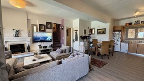 Smart TV, chimenea, libros, estéreo