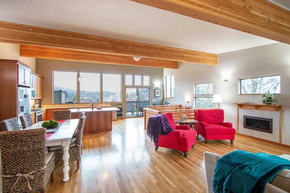 Flat-screen TV, fireplace, books