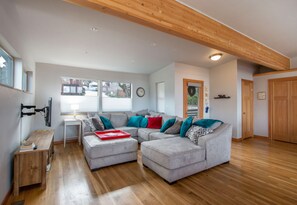 Flat-screen TV, fireplace, books