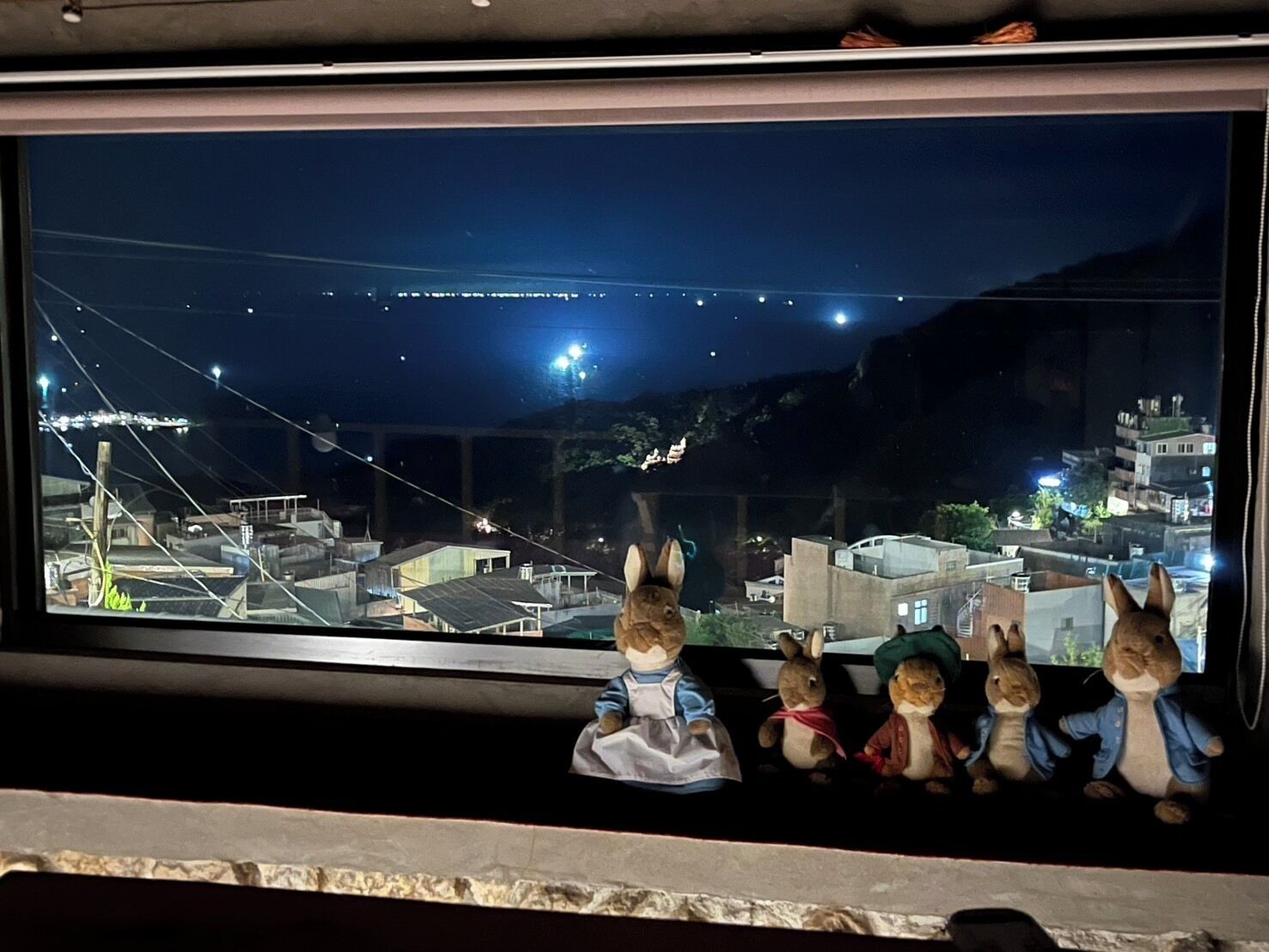 Una ventana con vista a un paisaje urbano nocturno, que incluye edificios y un puente.