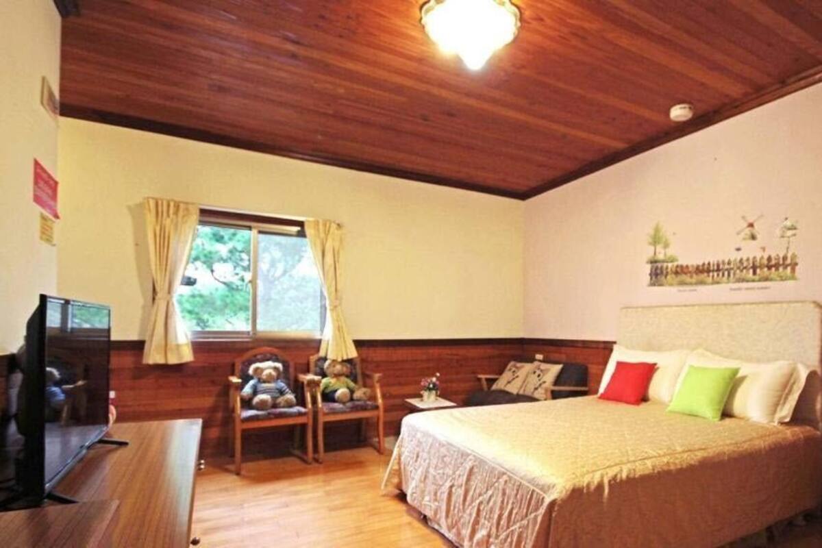Een slaapkamer met een houten plafond, een bed met veel kussens, een televisie, een stoel en een raam met gordijnen.