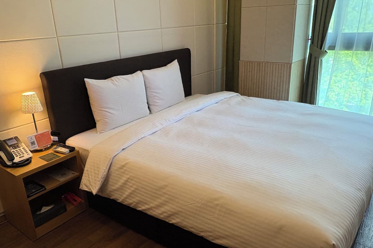 Habitación de hotel con cama, mesita de noche con teléfono y lámpara, y vistas al verdor por la ventana.