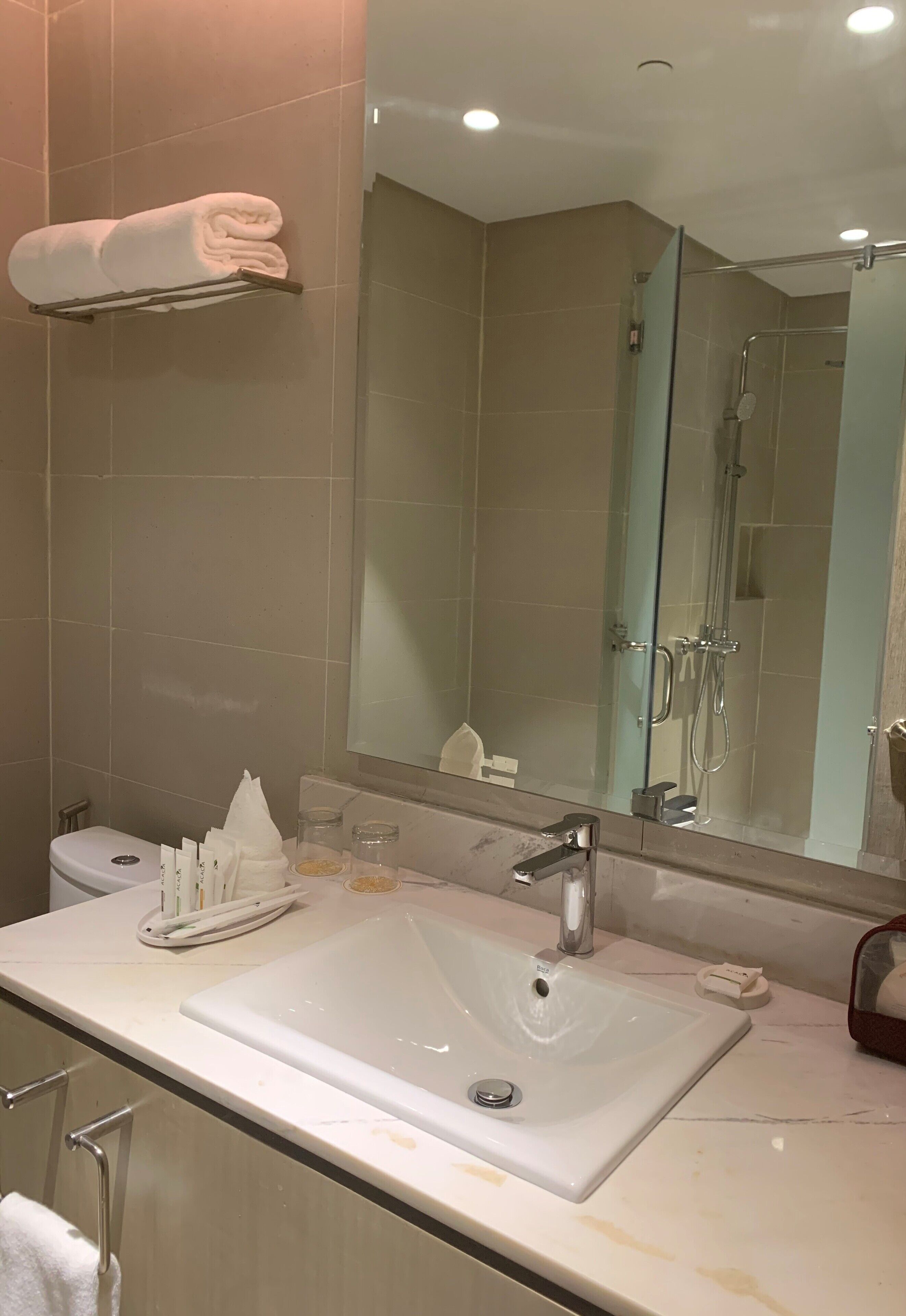 A modern bathroom with a large sink, mirror, and glass shower enclosure.