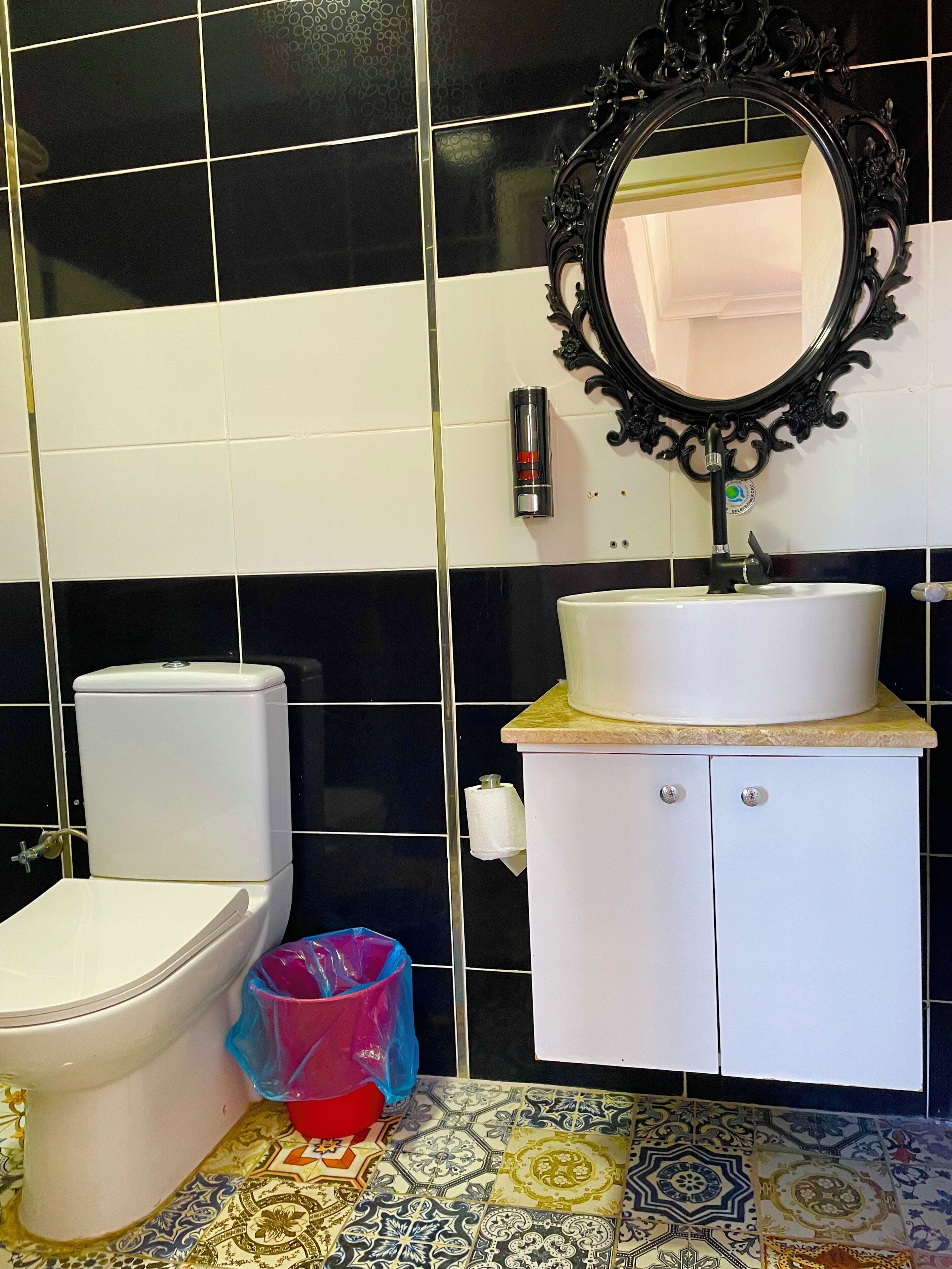 Un baño con inodoro, lavamanos y espejo.