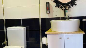 Un baño con inodoro, lavamanos y espejo.