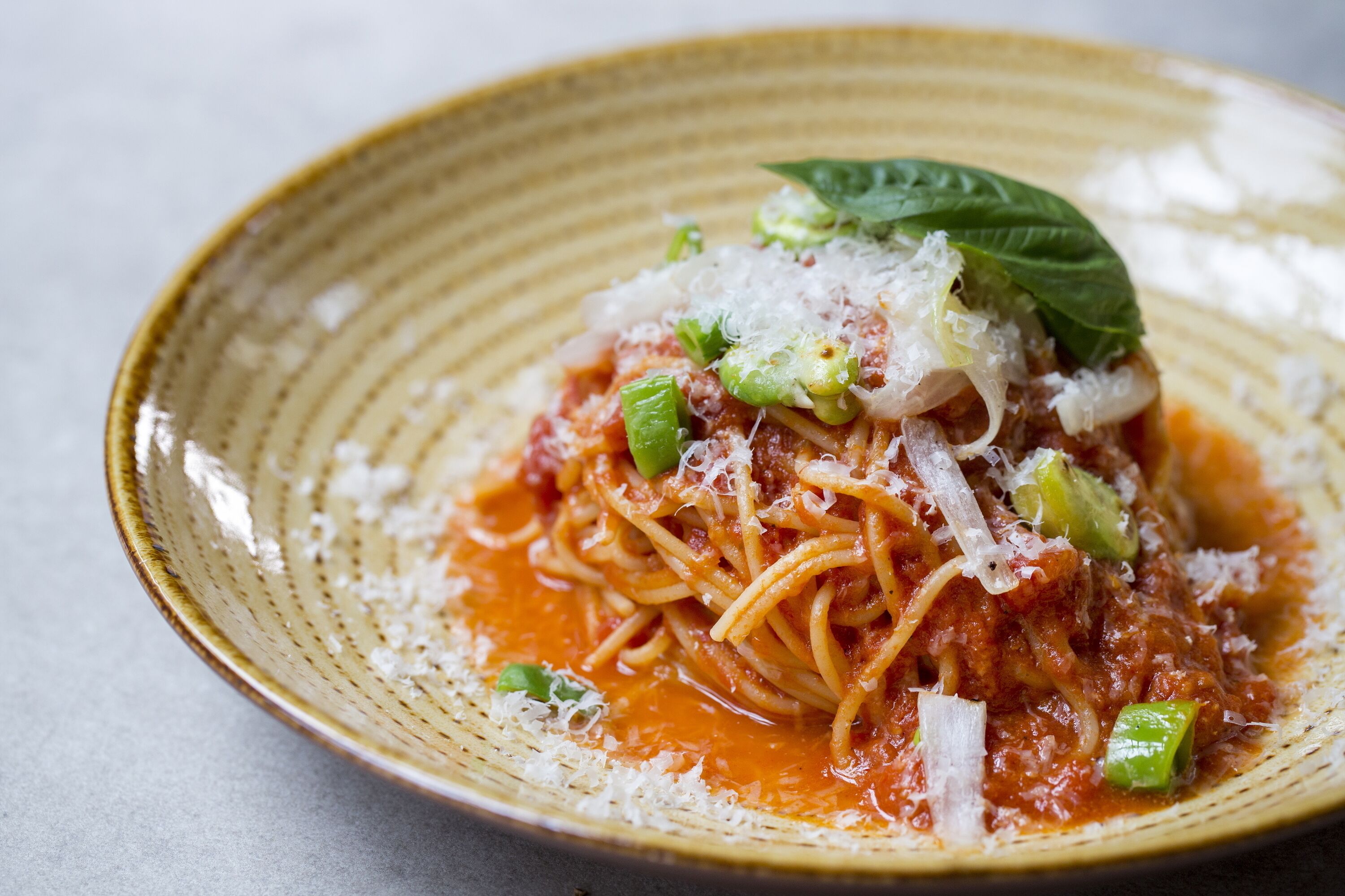 A plate of spaghetti with tomato sauce, grated cheese, and green onions.